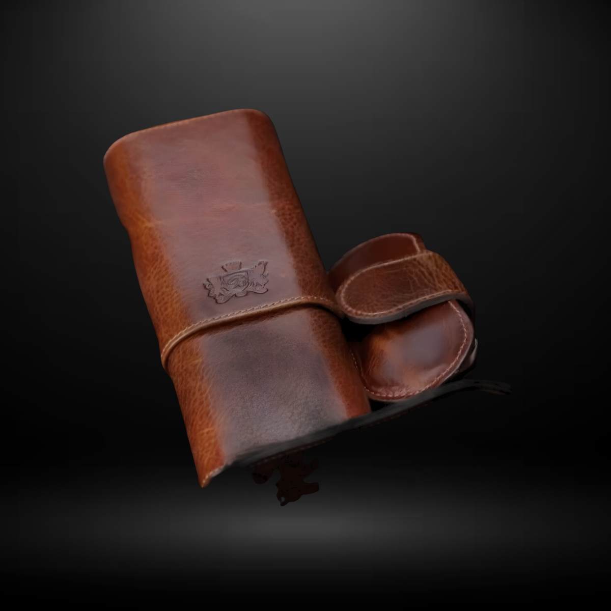 Brizard Cigar Case Showband 3 Whisky Calf Leather With Black Pipping & Mahogany